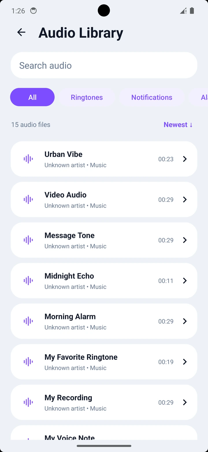 Audio Library with search and category filters