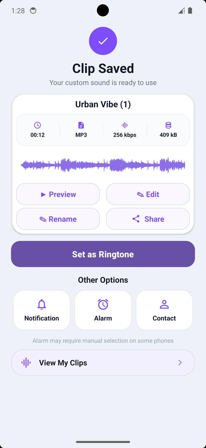 Clip Saved screen with audio details and ringtone, notification, alarm and contact actions