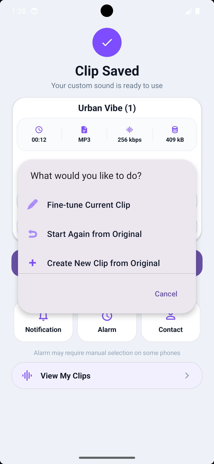 Ringtone Maker edit menu showing Create New Clip from Original