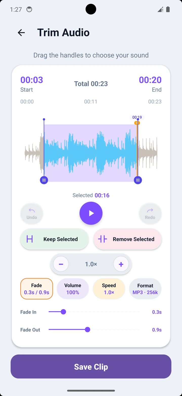 Trim editor with fade sliders, volume, speed and format controls
