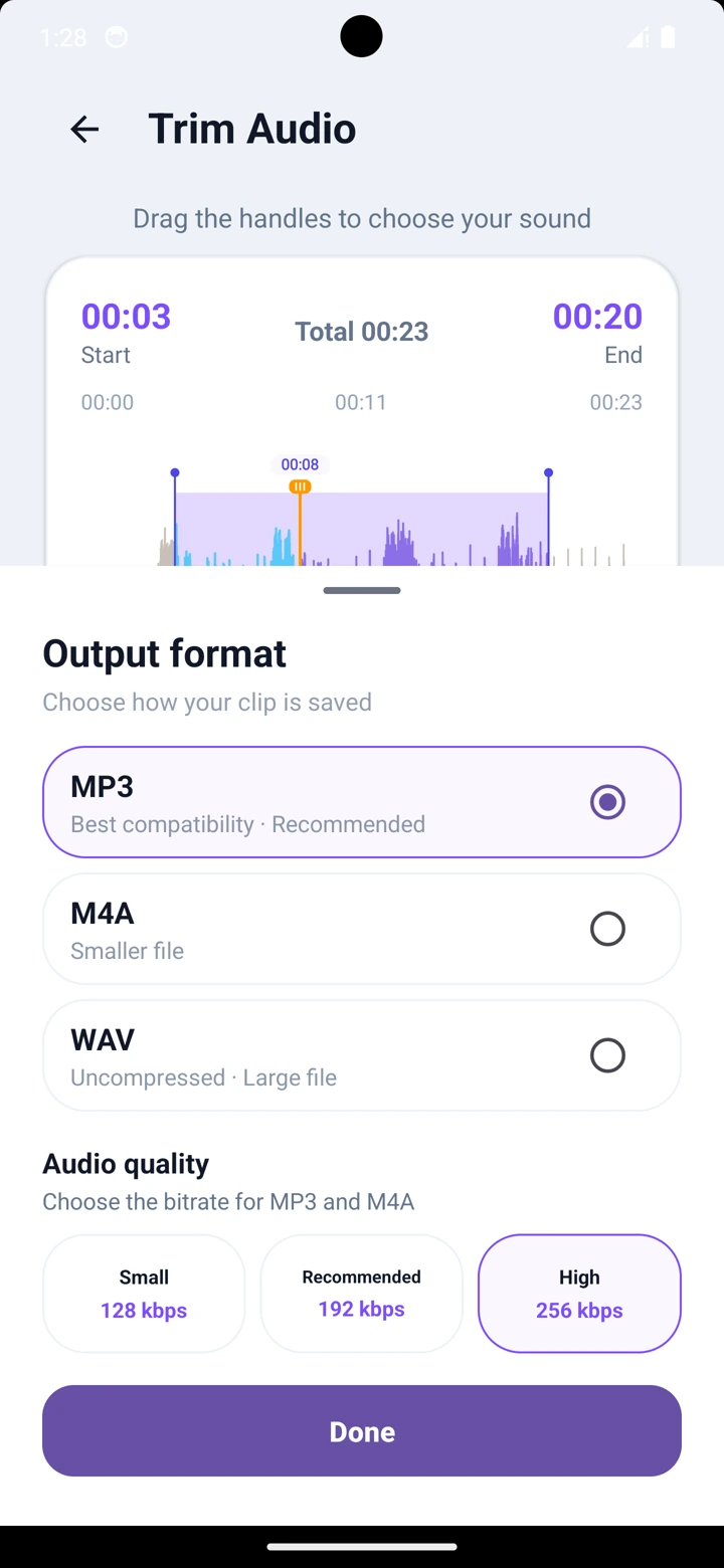 Ringtone Maker output-format sheet with format and audio-quality choices