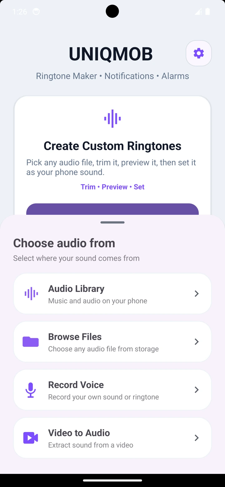 Ringtone Maker audio-source menu with Audio Library, Browse Files, Record Voice and Video to Audio