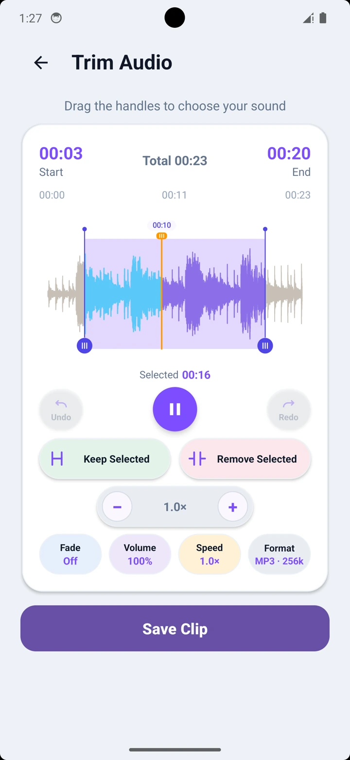 Ringtone Maker waveform editor with selection handles and editing controls