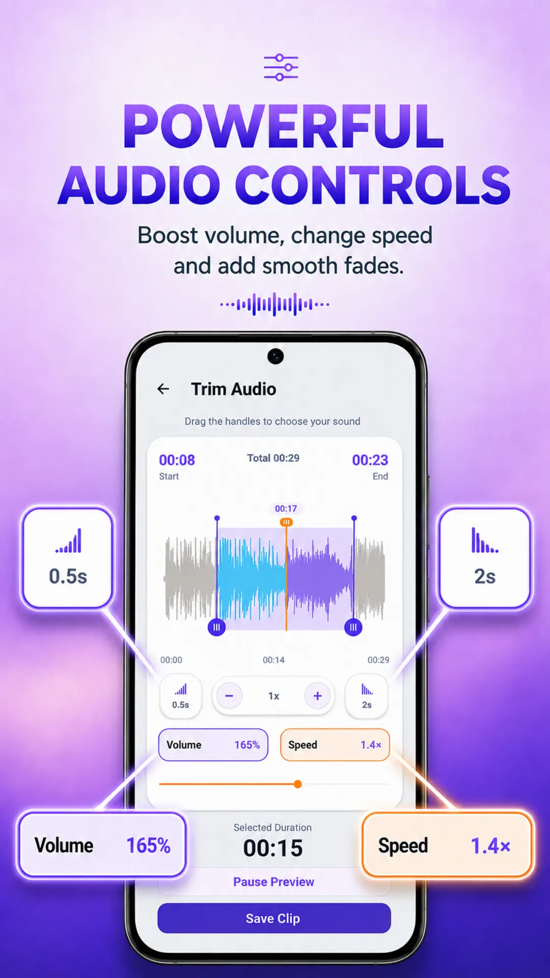 Audio editor with volume, speed, Fade In and Fade Out controls