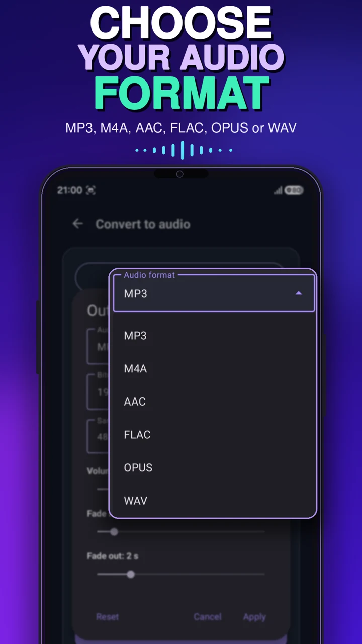 Choose MP3, M4A, AAC, FLAC, OPUS or WAV