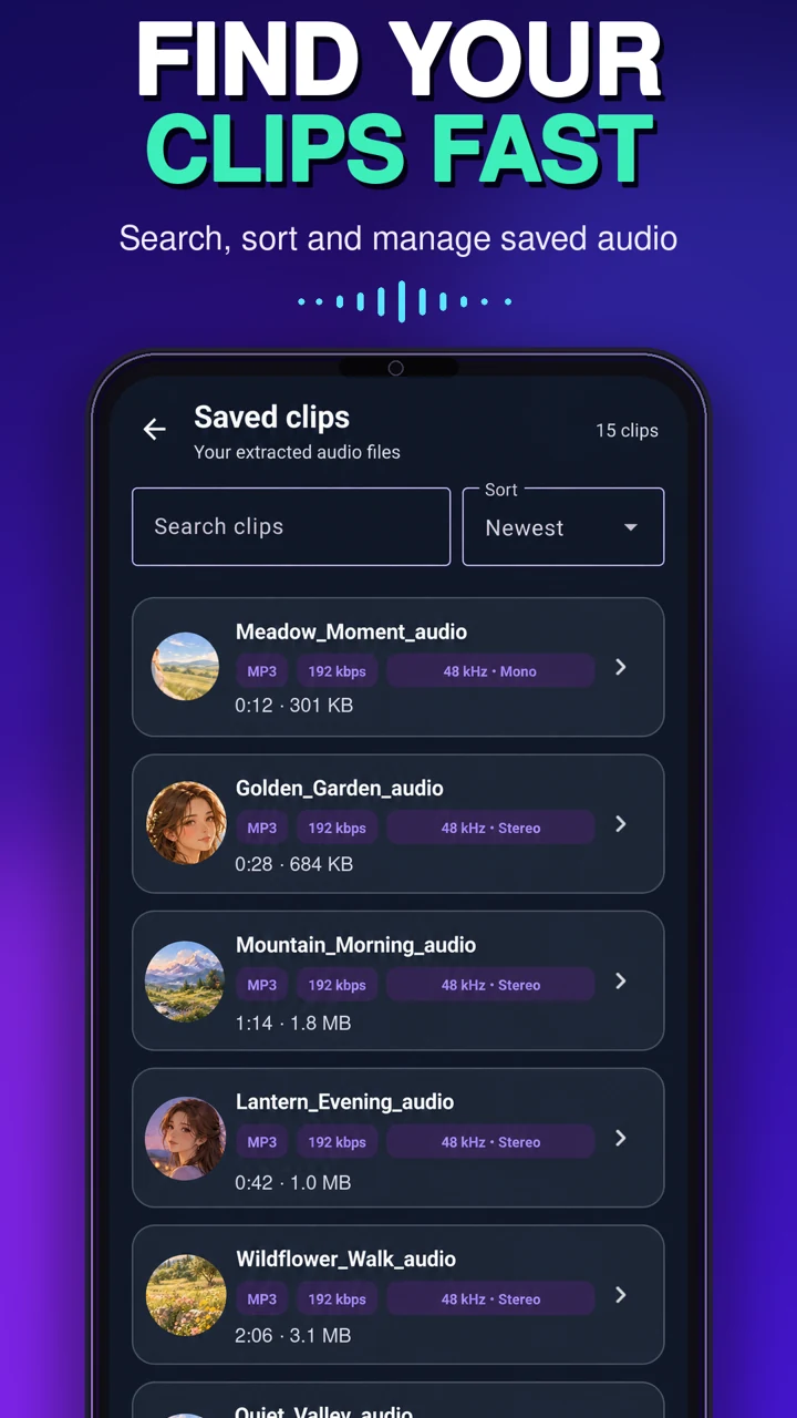 Search and manage saved audio clips